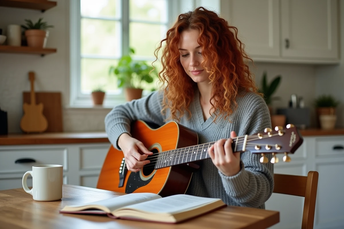 Femme apprenant un morceau célèbre à la guitare acoustique avec un cahier de partitions ouvert sur une table en bois