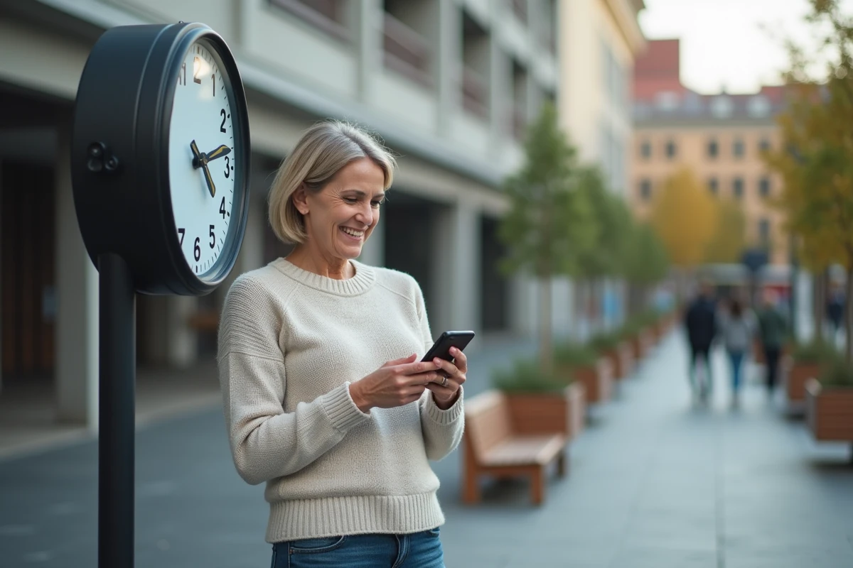 Femme dehors utilisant une application de temps sur son téléphone