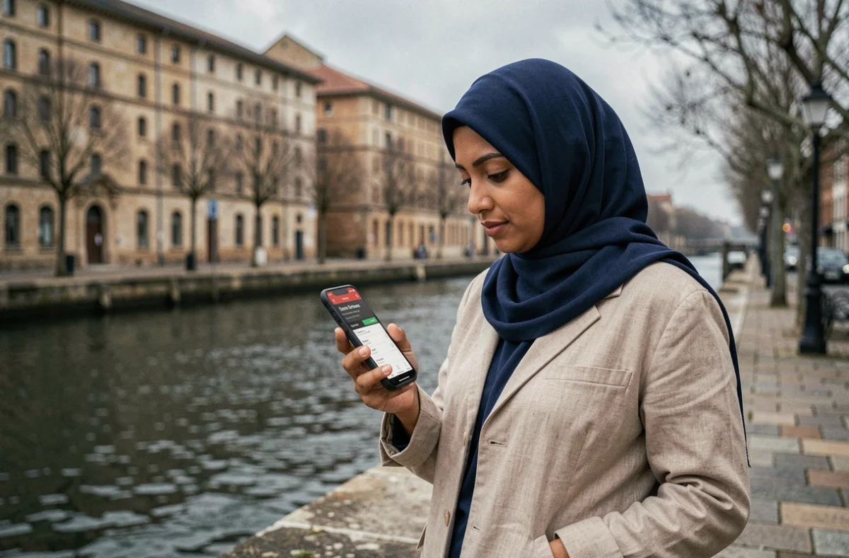 Jeune femme voilée consultant les horaires de prière sur smartphone au bord de la Garonne à Bordeaux en automne