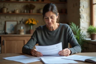 Femme concentrée à une table avec documents fiscaux et maison française