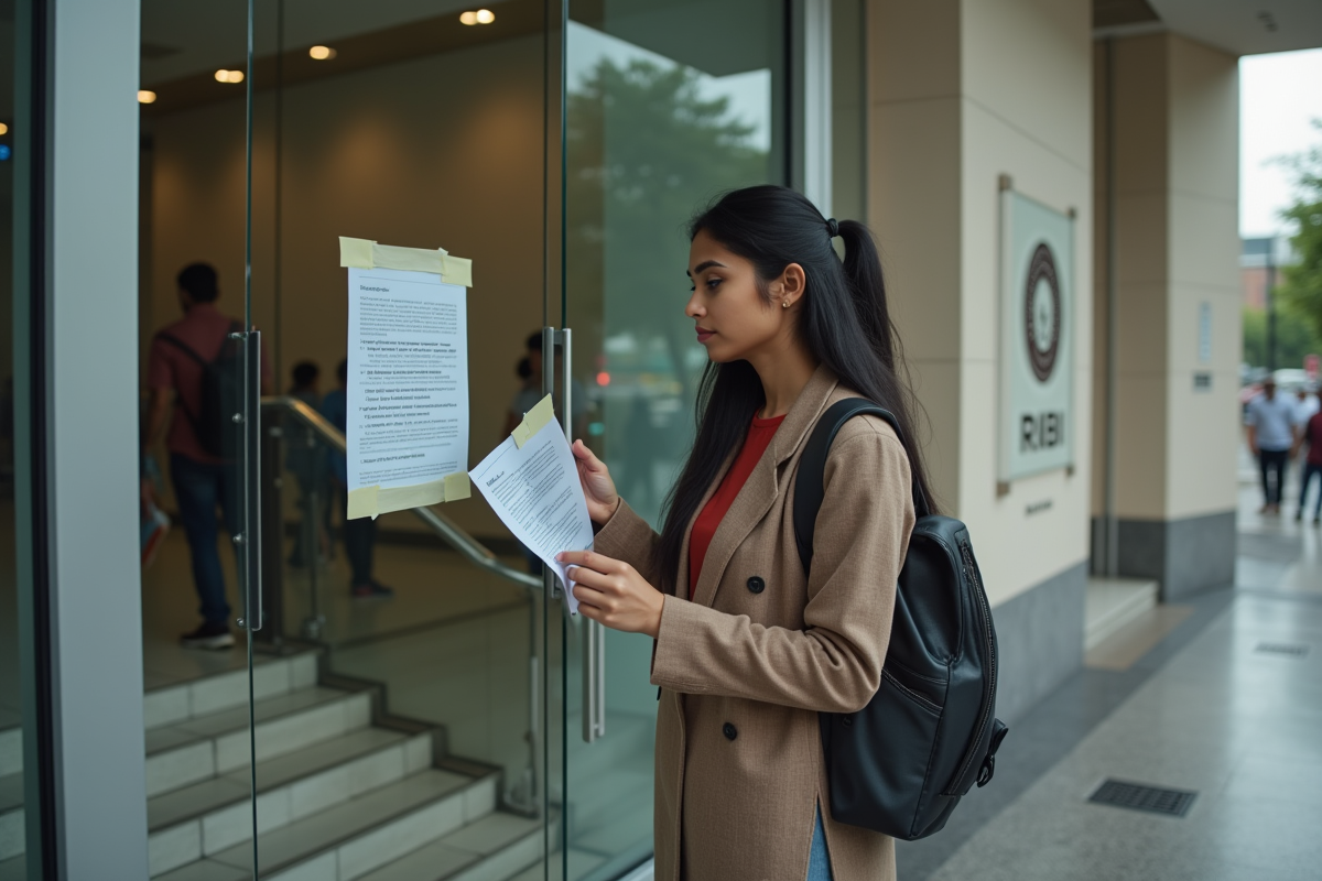 Jeune femme indienne lisant une notice devant la banque