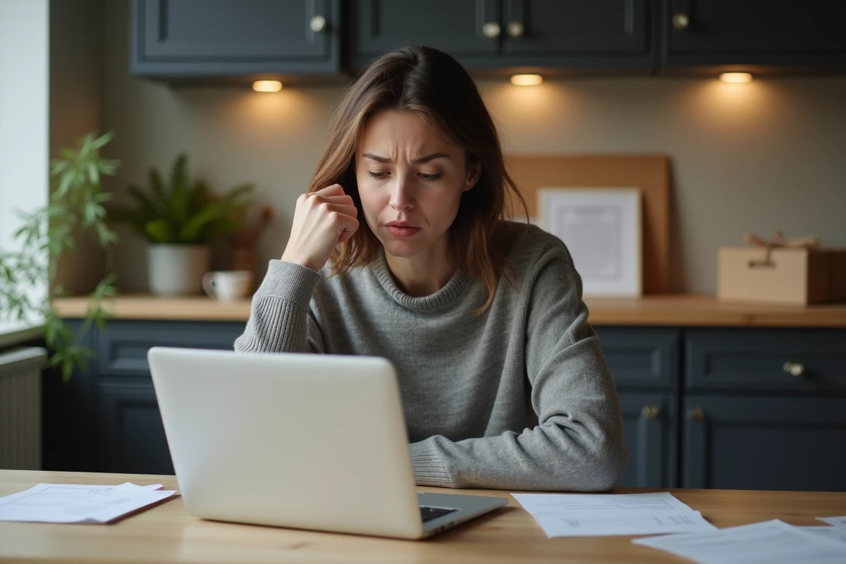 Femme inquiète devant son ordinateur dans la cuisine