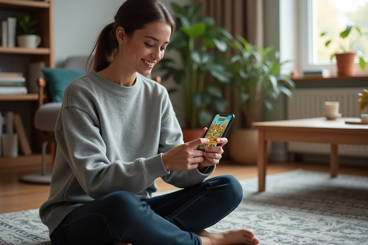 Femme jouant à un jeu de plateau mobile sur smartphone dans un salon cosy avec tapis et plantes