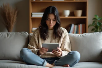 Femme lisant un ebook gratuit sur une tablette numérique confortablement installée dans son salon