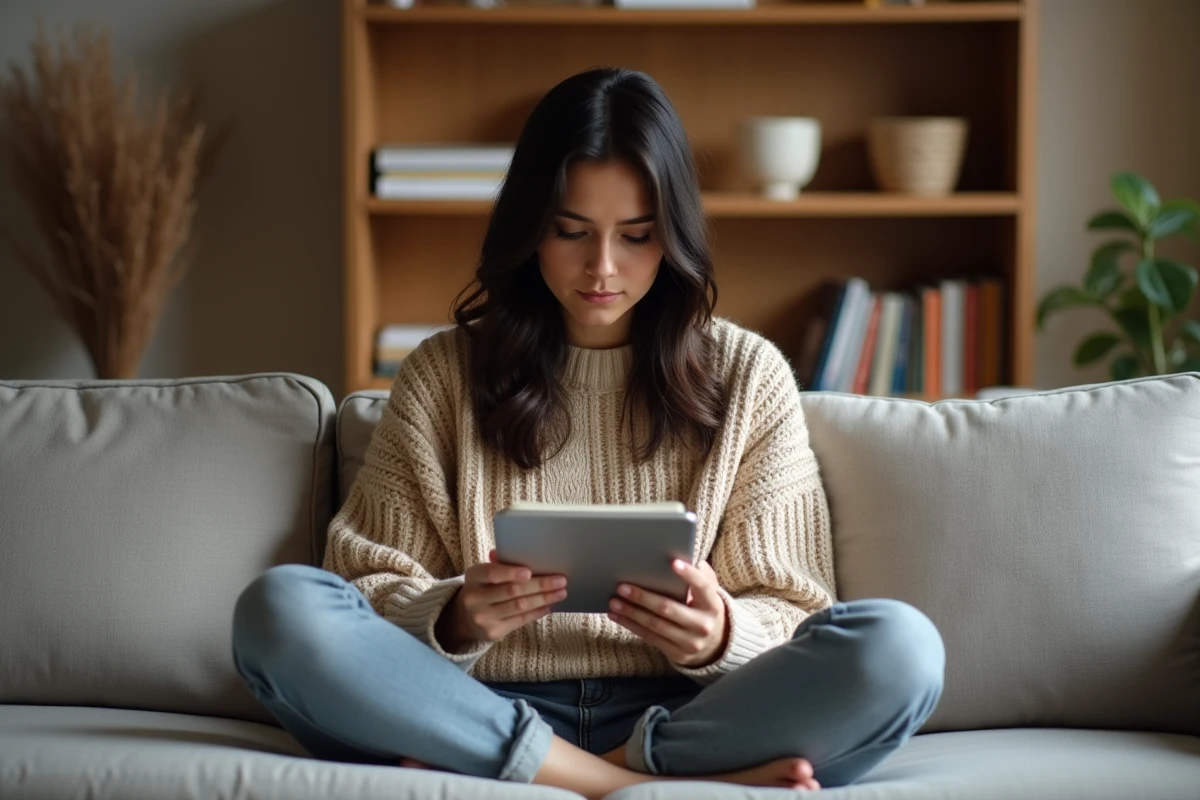 Femme lisant un ebook gratuit sur une tablette numérique confortablement installée dans son salon