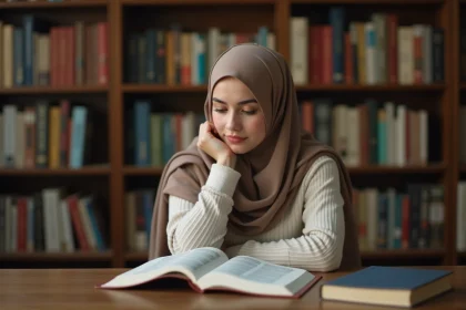 Jeune femme lisant le Quran et un livre de science dans une bibliothèque