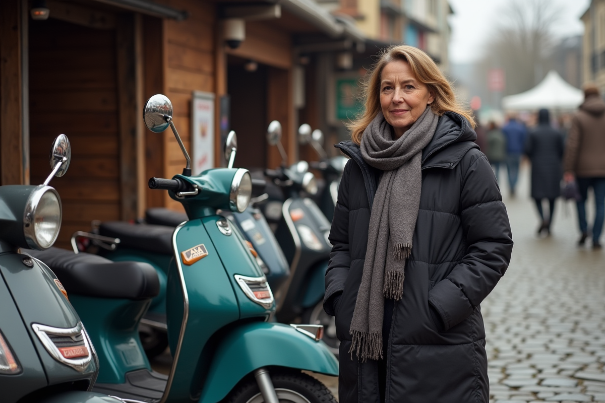 Femme au marché avec plusieurs motos Dax 50 cc en arrière-plan