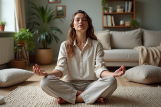 Femme méditant paisiblement dans un salon cosy