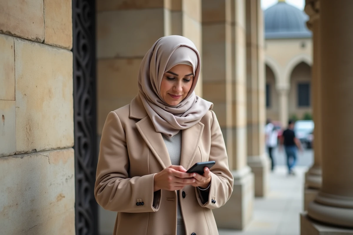 Femme musulmane en hijab devant une mosquee à Reims