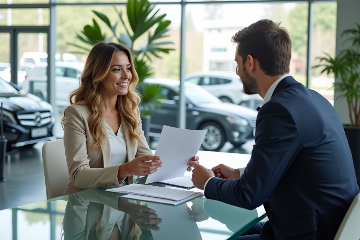 Jeune femme discutant avec un vendeur dans un showroom