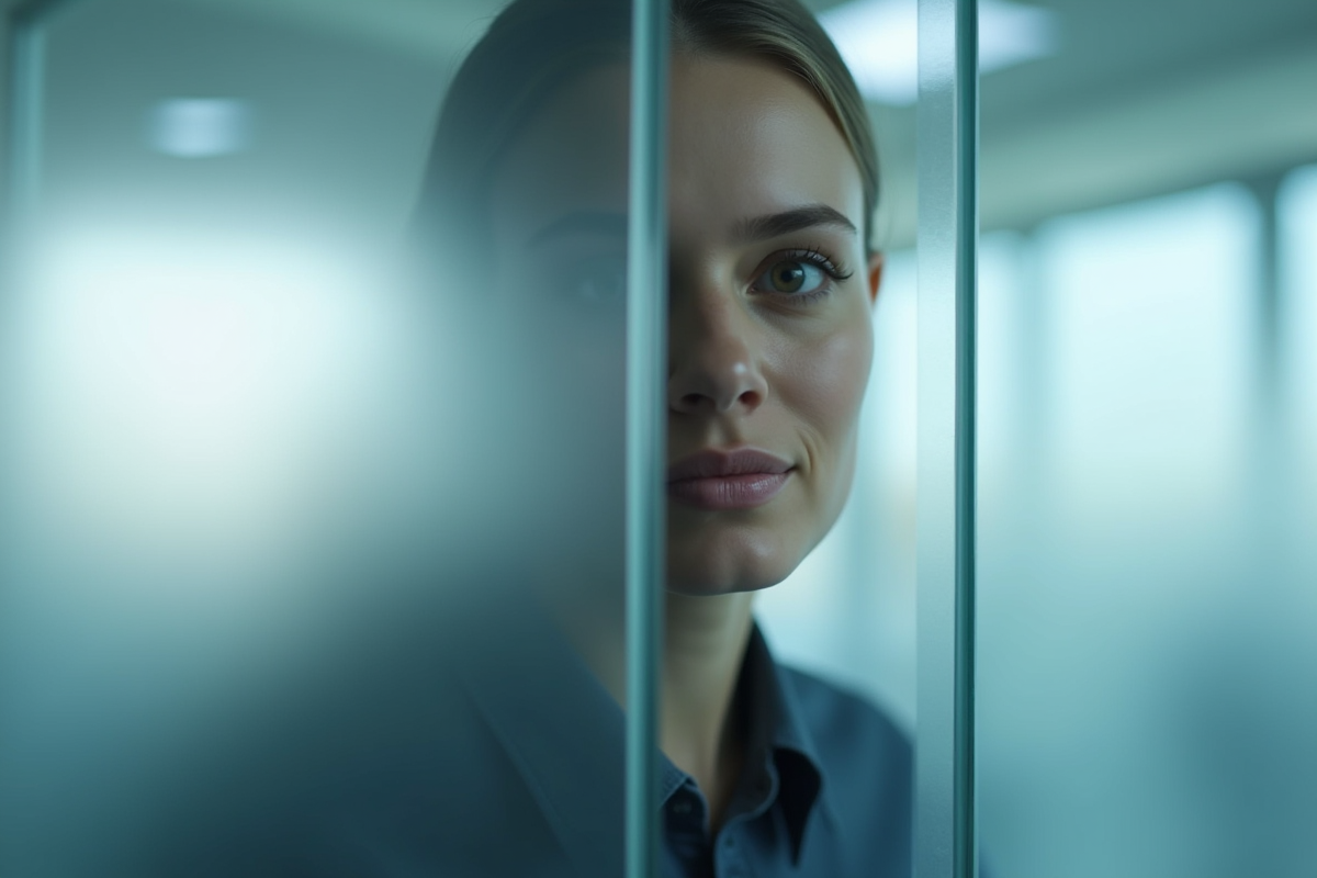 Femme dans un bureau moderne derrière une vitre opaque pour privacy