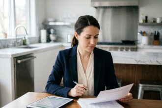 Femme travaillant sur un ordinateur avec des documents financiers