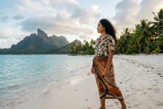 Femme polynésienne au bord d'un lagon turquoise