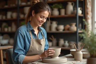 Femme façonnant une coupe en céramique sur un tour
