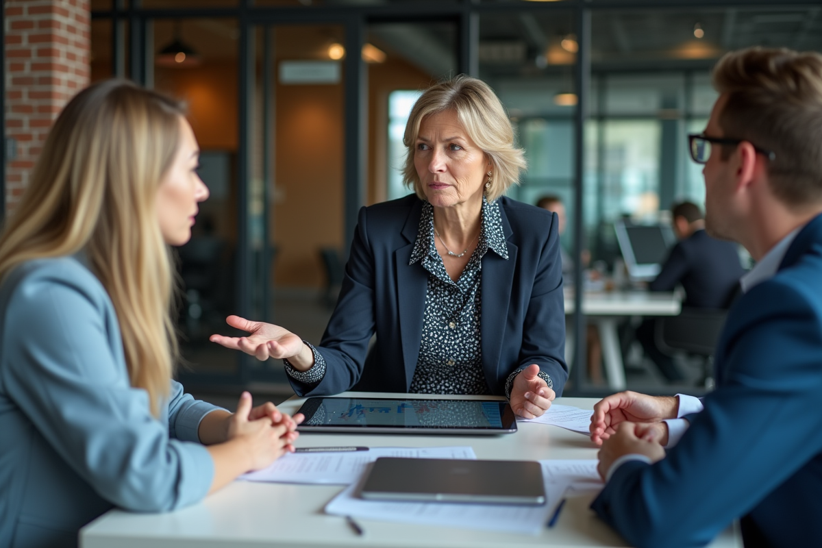 Femme en blazer expliquant des graphiques financiers à ses collègues