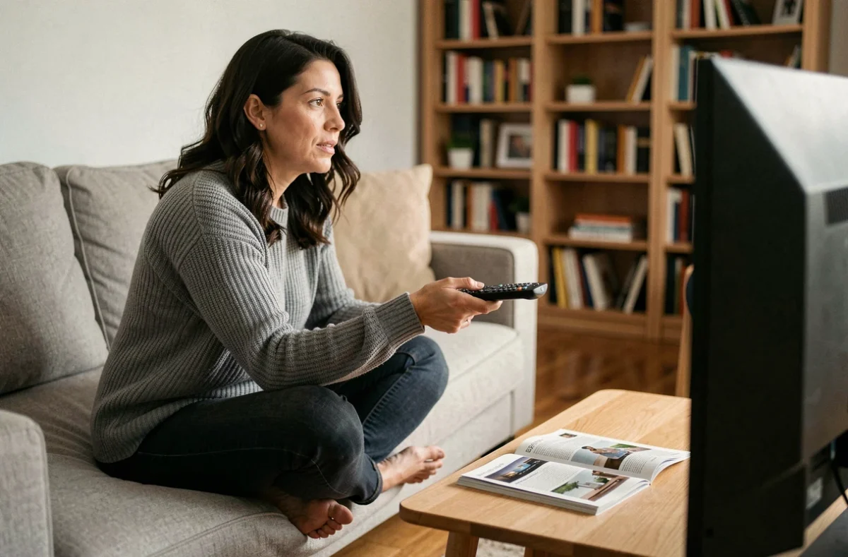 Femme regardant la télévision sur un canapé avec un programme TV 2026 posé sur la table basse