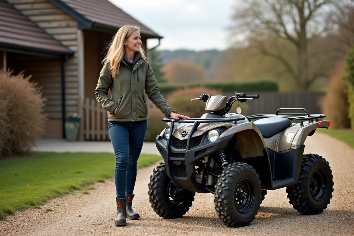 Femme près de son quad 125cc dans la campagne