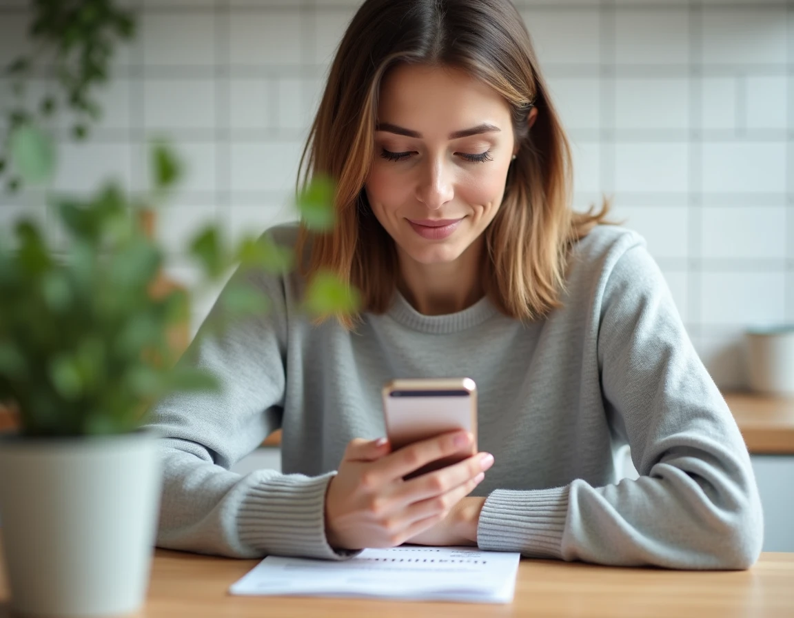 Femme effectuant une recherche inversée de numéro de téléphone sur smartphone avec l'annuaire 118 712