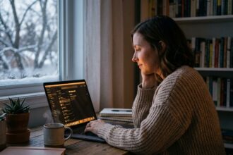 Femme ajustant les réglages nocturnes de son écran d'ordinateur portable en hiver dans un bureau cosy