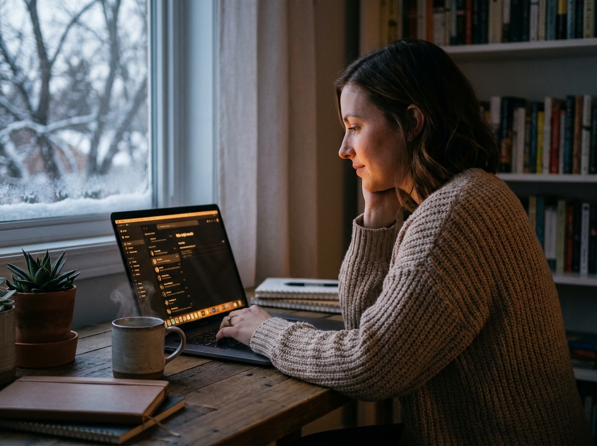 Femme ajustant les réglages nocturnes de son écran d'ordinateur portable en hiver dans un bureau cosy