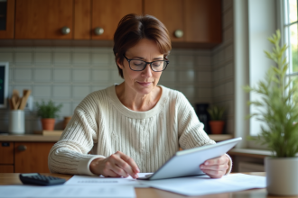 Femme d'âge moyen relisant des documents dans la cuisine