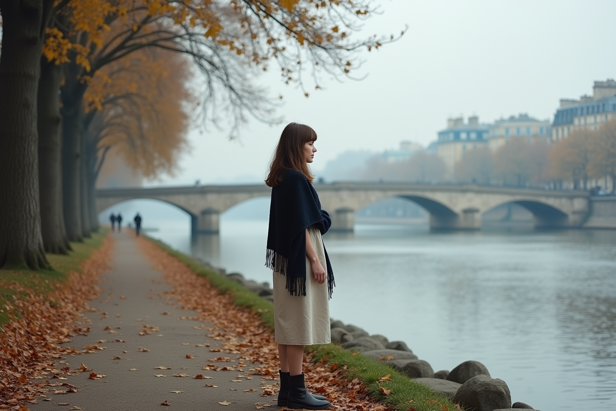 Jeune femme contemplant la Seine par un matin brumeux