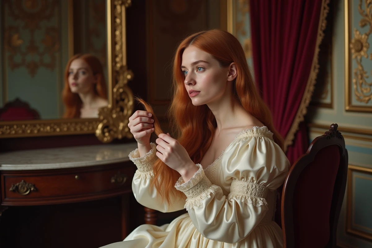 Jeune femme en robe de soie du XVIIIe siècle assise devant une coiffeuse ancienne, examinant ses cheveux dans un salon historique richement décoré, illustration du poème The Rape of the Lock d'Alexander Pope.