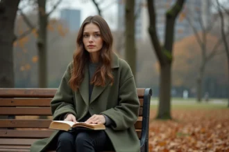 Femme seule assise sur un banc dans un parc en automne, tenant un livre fermé, regard perdu dans ses pensées après une rupture