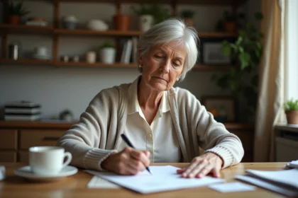 Femme d'âge moyen signant une lettre à la maison