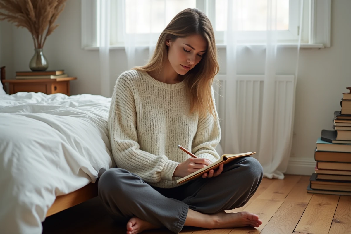 Femme assise sur le sol de sa chambre avec un carnet, symbolisant l'écriture et la réflexion intérieure pour traverser une rupture amoureuse