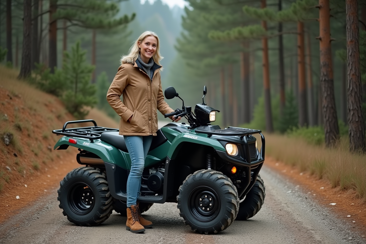 Femme souriante près d’un quad dans une forêt de pins
