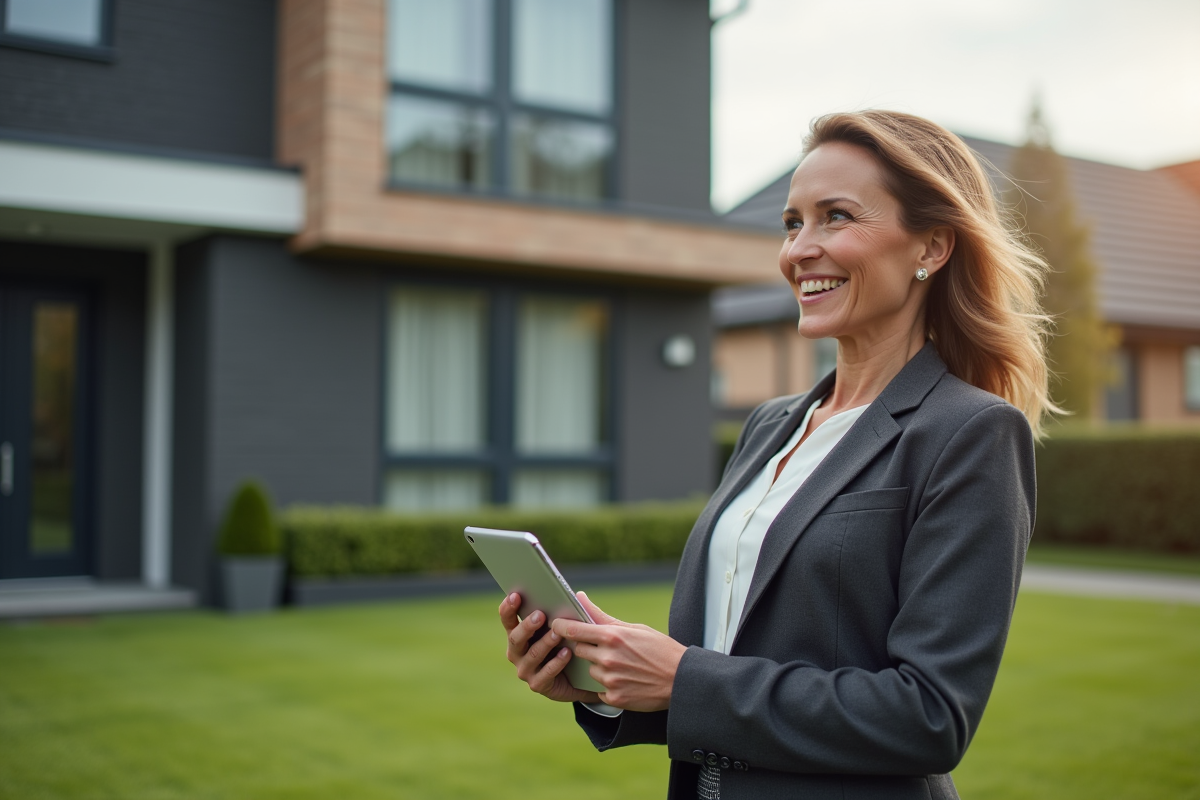 Femme professionnelle souriante devant une maison moderne