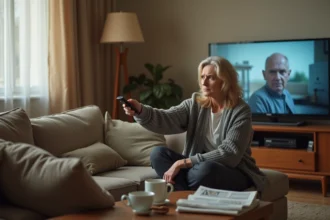 Femme en train de zapper les rediffusions à la télévision l'après-midi depuis son canapé avec une télécommande