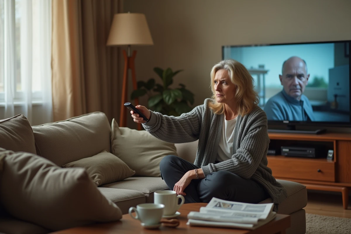 Femme en train de zapper les rediffusions à la télévision l'après-midi depuis son canapé avec une télécommande