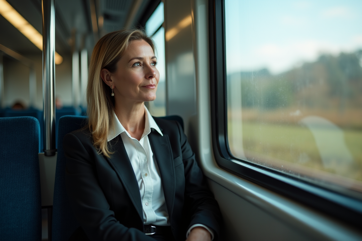 Femme d age moyen dans train regardant par la fenetre