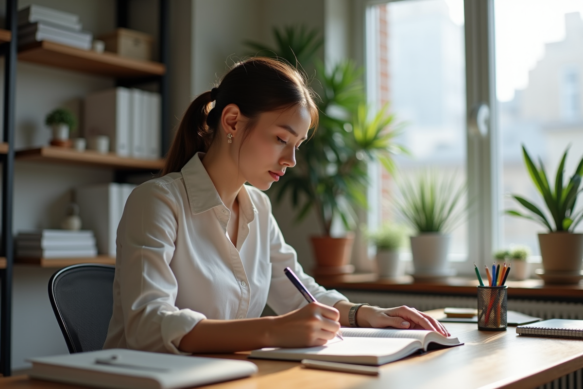 Jeune femme planifiant au bureau à domicile