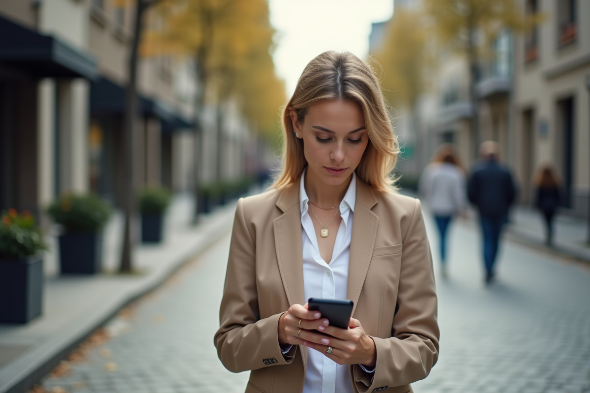 Jeune femme marchant dans la ville en consultant son smartphone