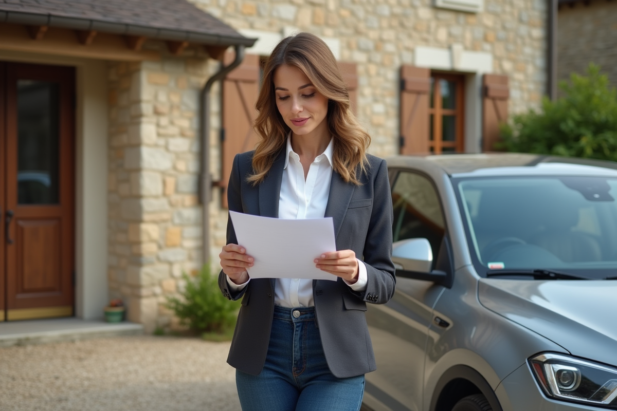 Femme vérifiant documents fiscaux devant maison rurale