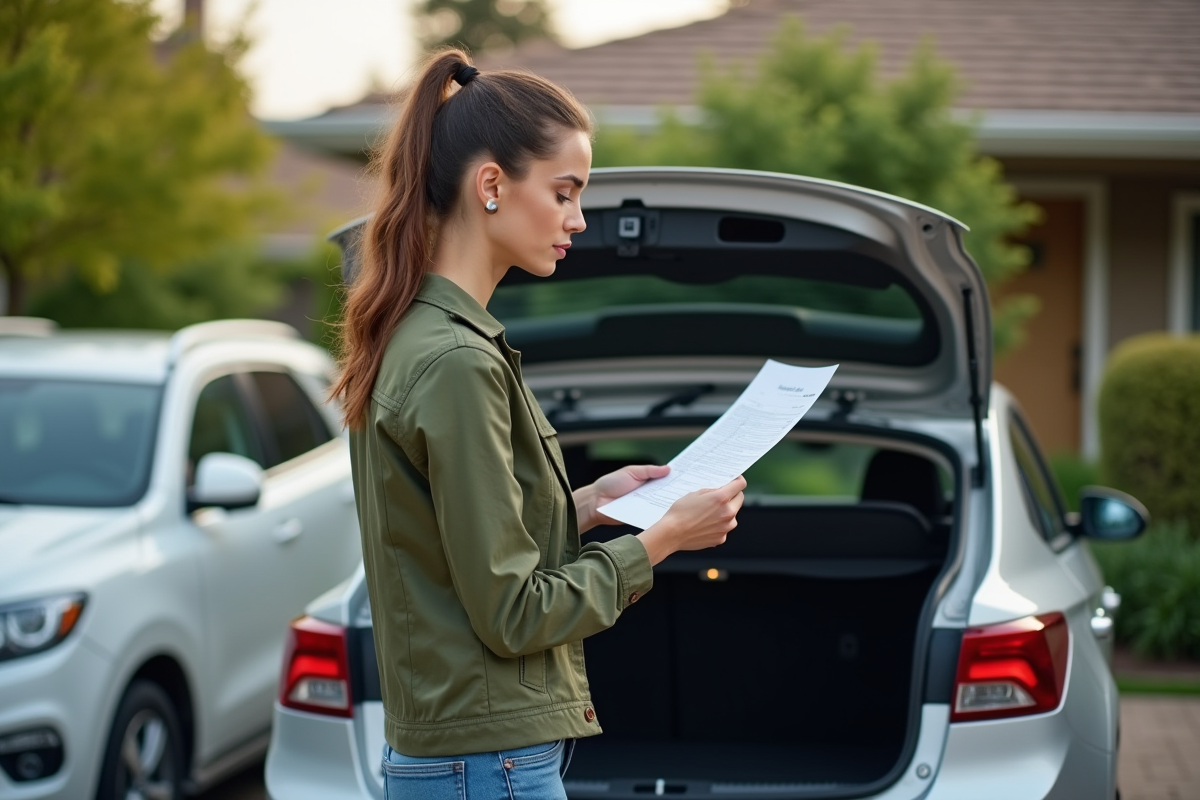 Femme vérifiant une facture dans le coffre de sa voiture hybride