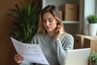 Femme examinant des documents de commande internationale à son bureau à domicile pour sécuriser ses achats en ligne