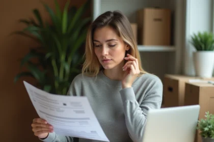 Femme examinant des documents de commande internationale à son bureau à domicile pour sécuriser ses achats en ligne