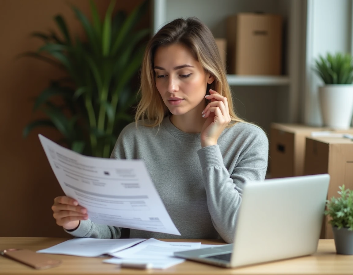 Femme examinant des documents de commande internationale à son bureau à domicile pour sécuriser ses achats en ligne