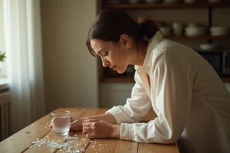 Femme contemplant un verre blanc cassé sur un parquet en bois, scène intérieure chargée de symbolisme spirituel