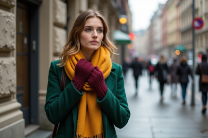 Femme en manteau vert fonce et echarpe jaune en ville