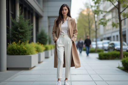 Femme élégante en manteau beige dans la ville moderne