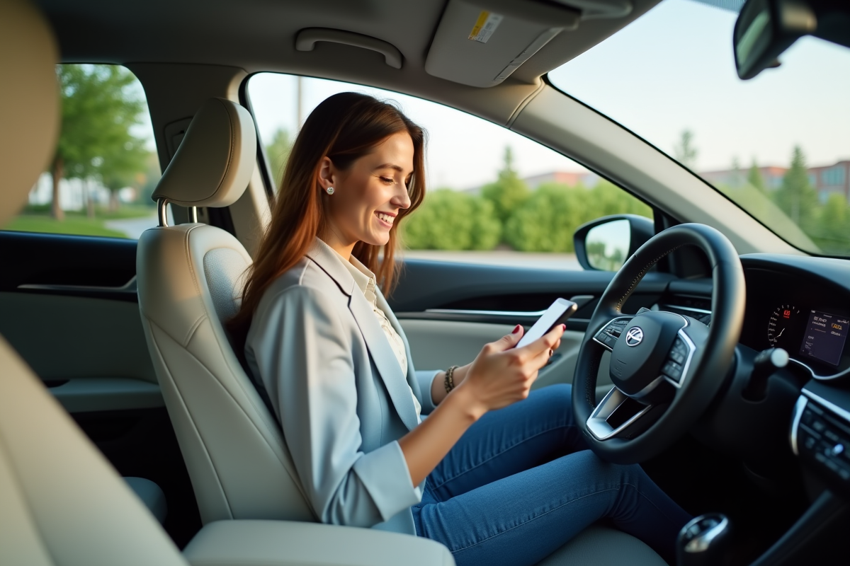 Jeune femme dans une voiture hybride en stationnement