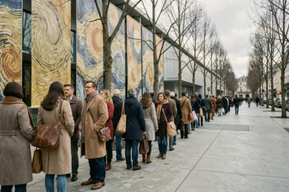 File de visiteurs devant l'entrée de l'exposition Van Gogh à Lyon en automne