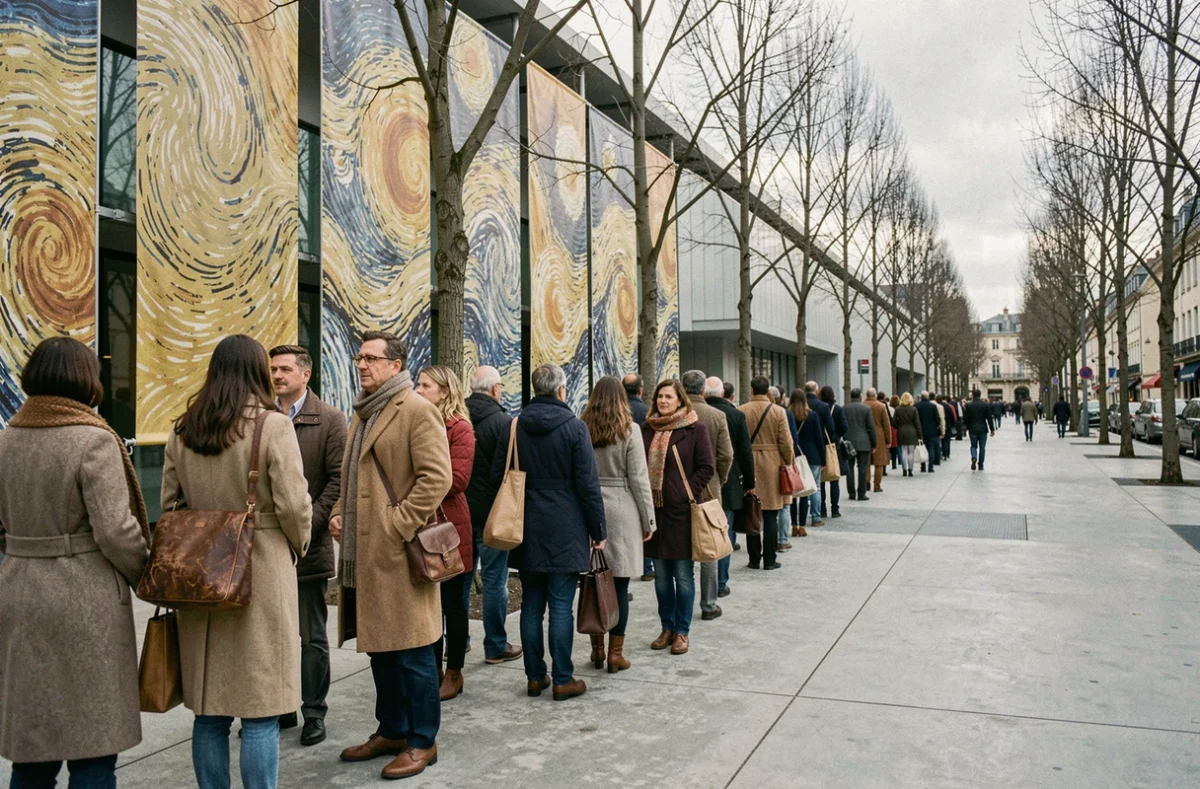 File de visiteurs devant l'entrée de l'exposition Van Gogh à Lyon en automne