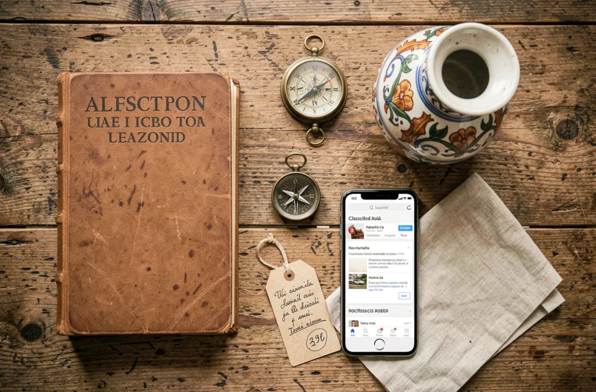 Flat lay d'objets de décoration vintage italiens avec catalogue et smartphone sur une table en chêne