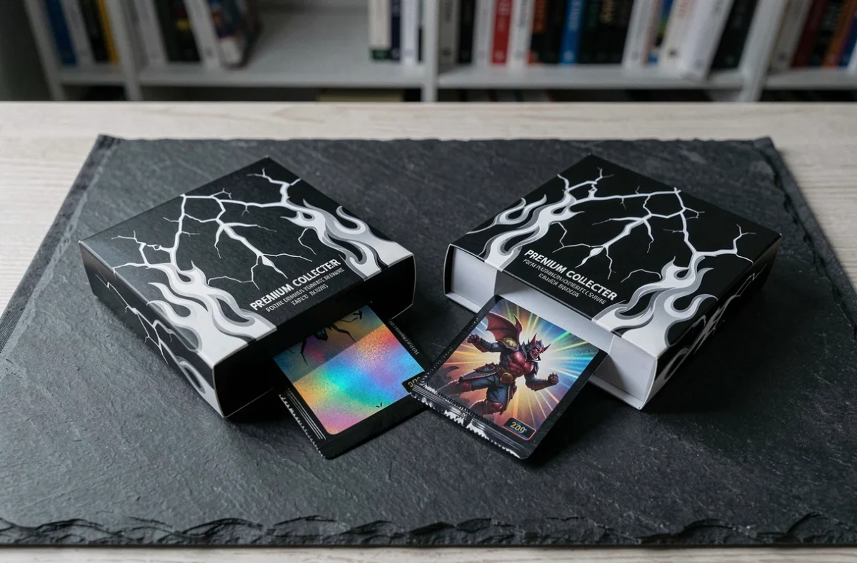 Vue à plat d'un booster et d'un coffret collector Foudre Noire et Flamme Blanche avec carte holographique sur ardoise sombre